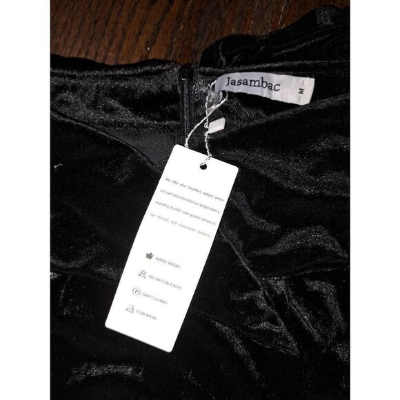 New Medium Jasambac Black Velvet  Off Shoulder High Low Party Holiday Dress NWT - Picture 9 of 9
